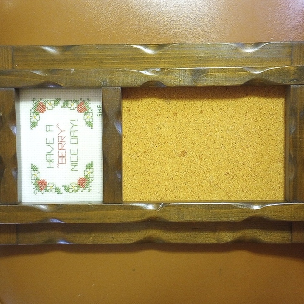 Vintage Brown Wood Memo Board w/ Strawberry Counted Cross Stitch Design